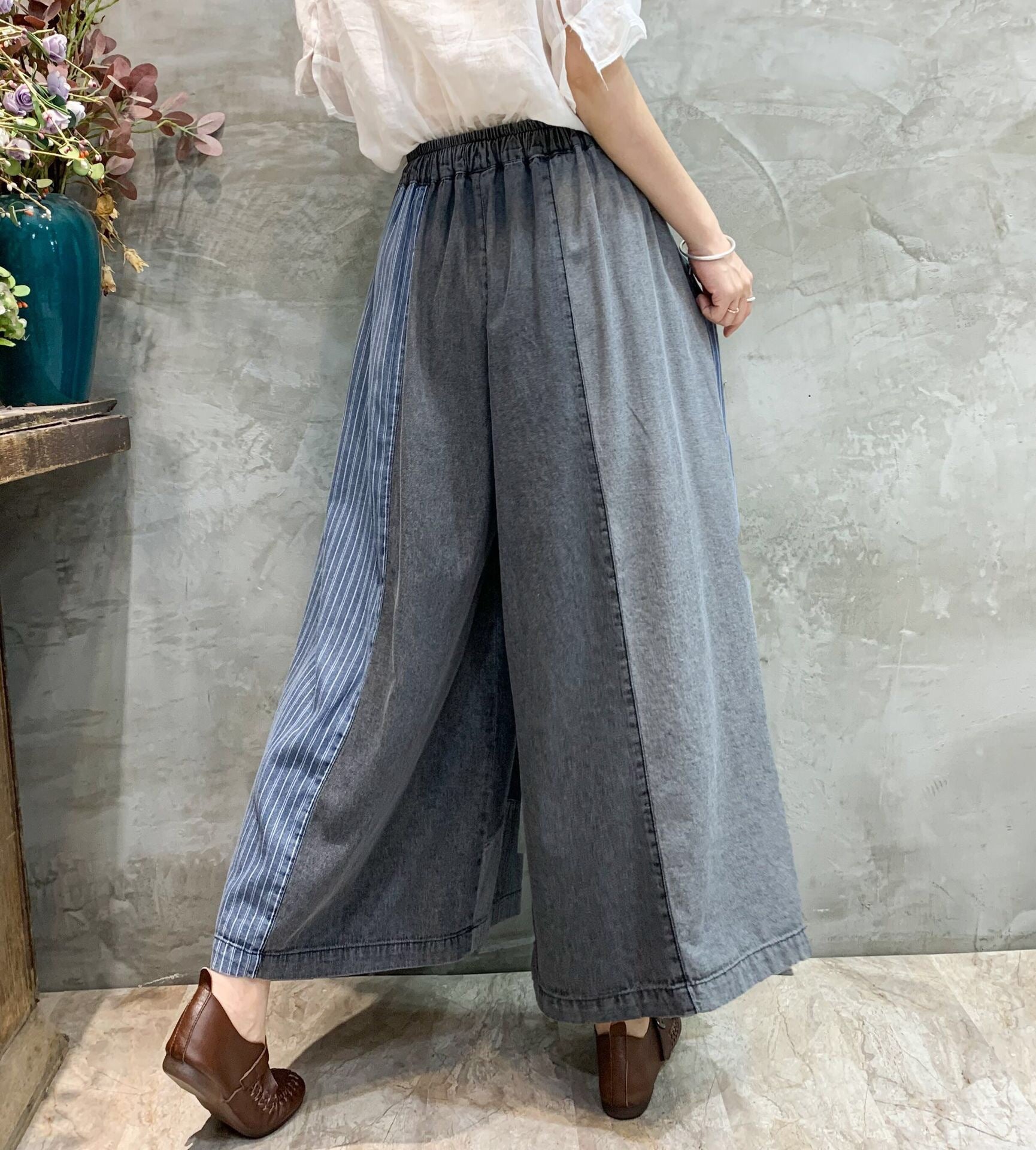 Patchwork Wide-Leg Denim Pants | Elastic Waist Drawstring Vintage Trousers
