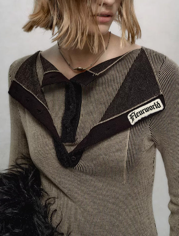 Layered Illusion Double-Collar V-Neck Knit Base Top