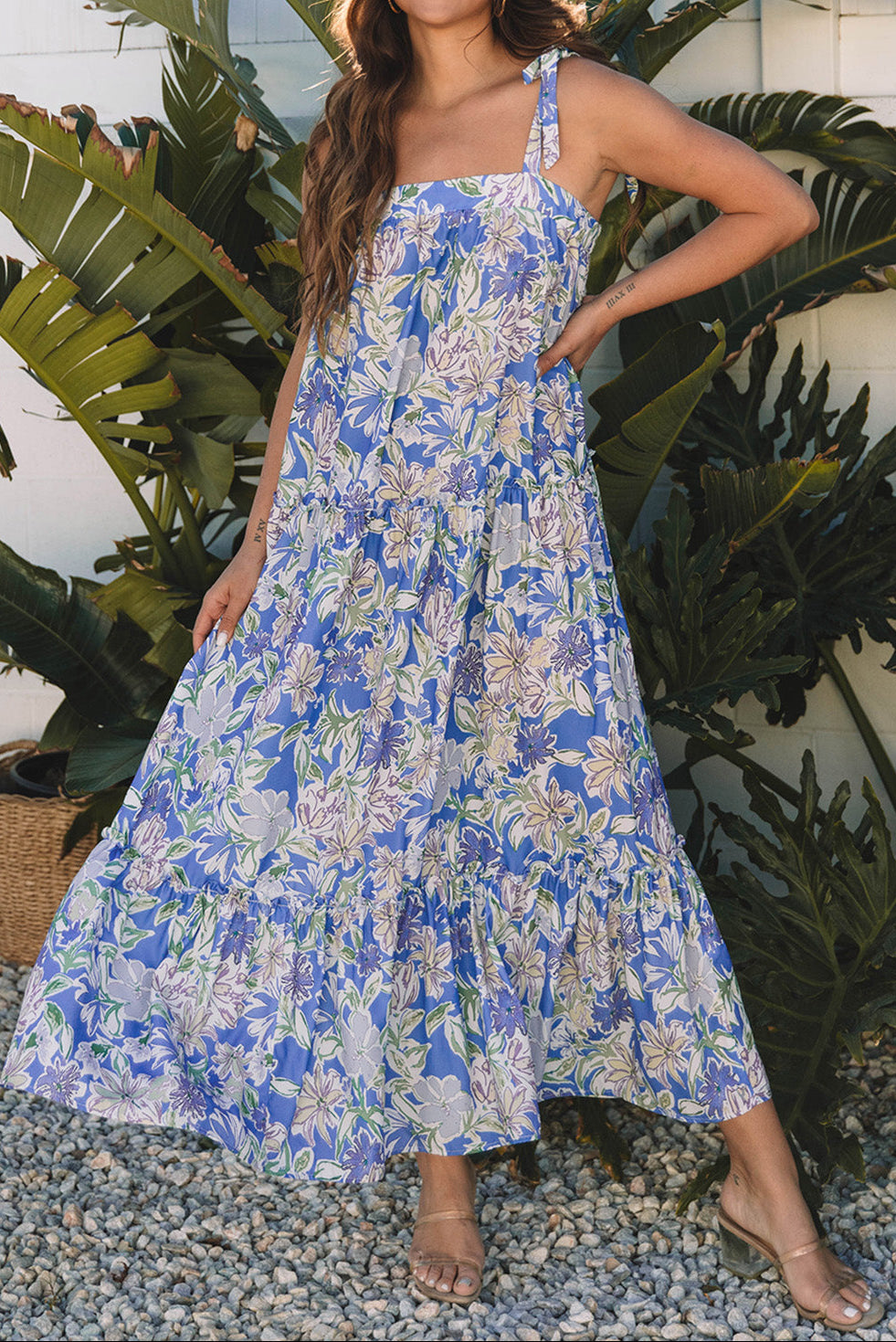 Sky Blue Floral Print Self-tie Straps Flowy Ruffle Long Dress