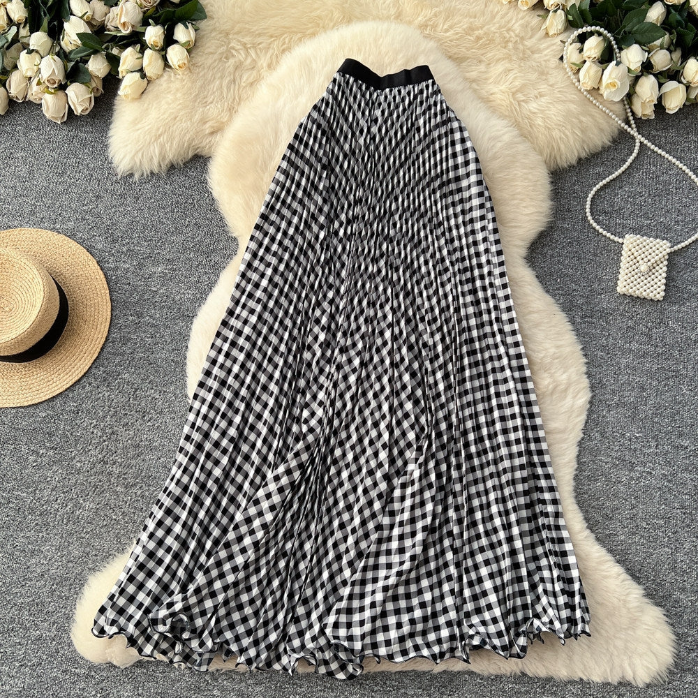 Plaid Floral Wavy Pleated Maxi Skirt | High-Waist Cotton-Blend Skirt