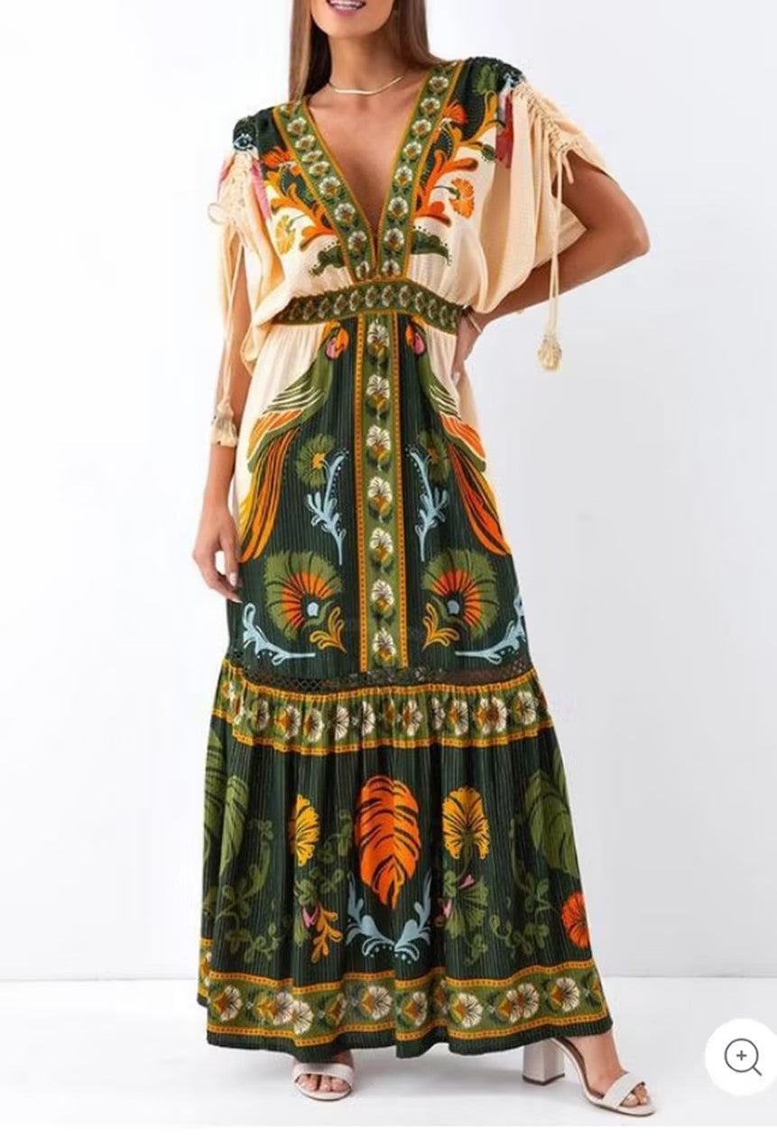 Vintage Ethnic Print V-Neck Dress | Boho Resort Wear