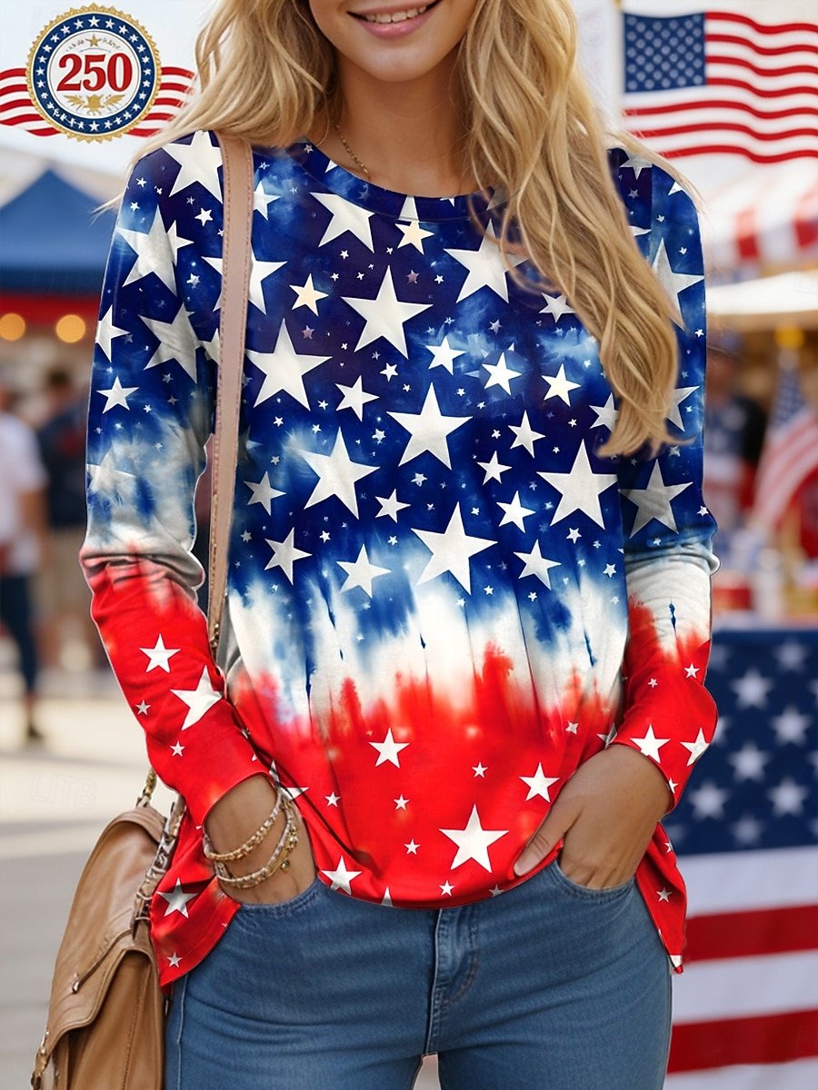 Crew Neck America Flag Loose Casual T-Shirt