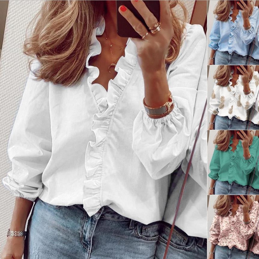 Printed Ruffle Long Sleeve Blouse | Elegant Lantern Sleeve Spring Top