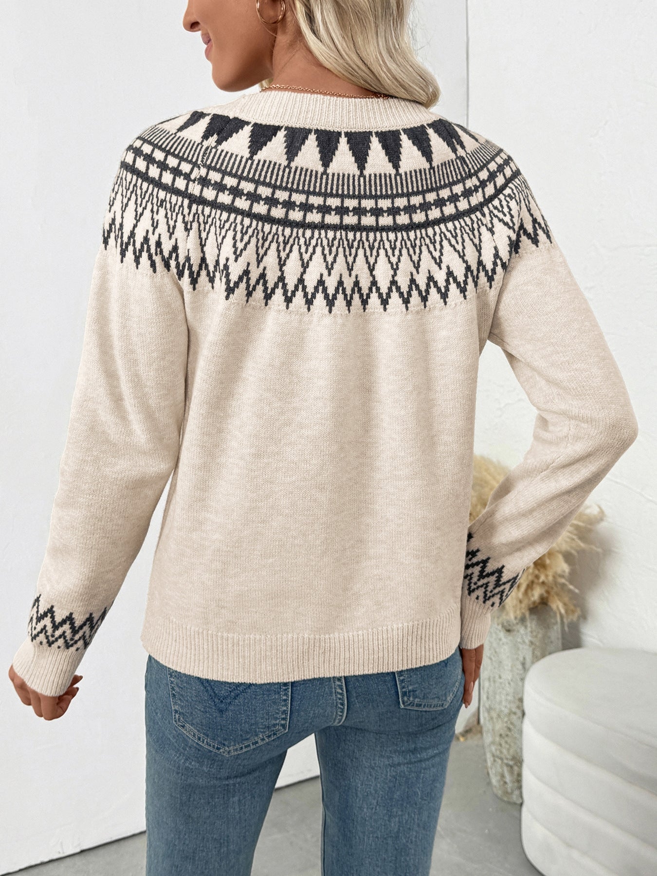 Ethnic-Inspired Round Neck Pullover Knit Sweater | Casual Viscose Boutique Top