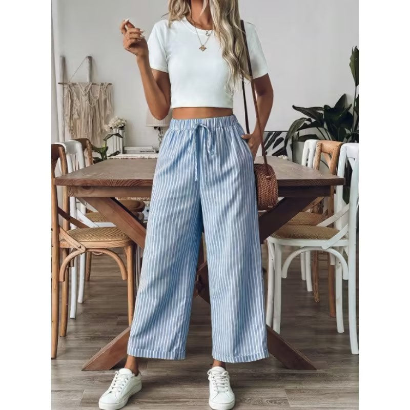 Striped Wide Leg Cropped Pants | Casual Elastic Waist Trousers