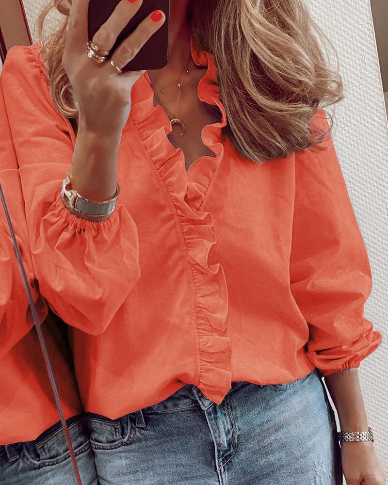 Printed Ruffle Long Sleeve Blouse | Elegant Lantern Sleeve Spring Top