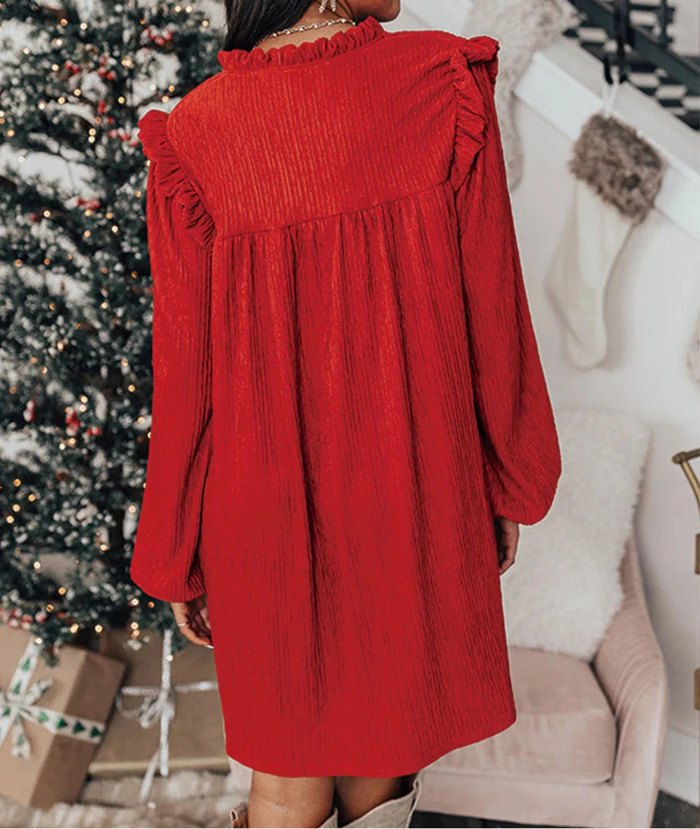 Fiery Red Textured Ruffled Trim V Neck Loose Fit Mini Dress