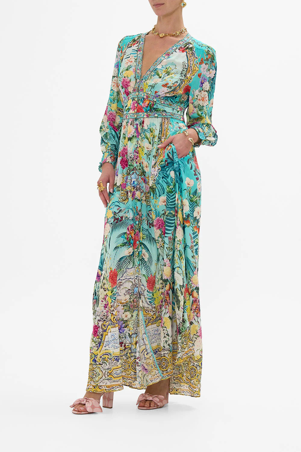 Printed V-Neck Puff Sleeve Belted Dress | Elegant Casual Midi Dress