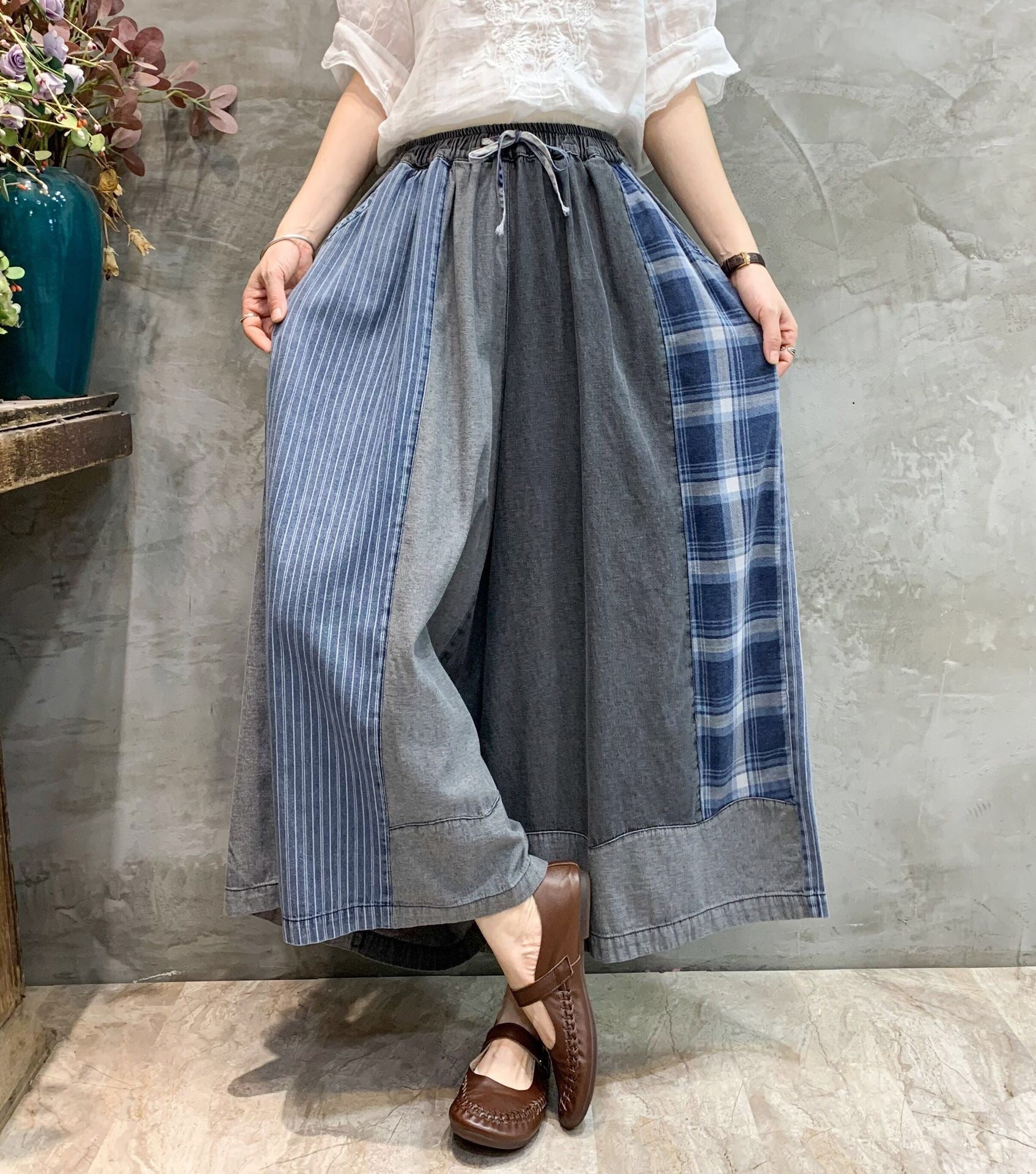 Patchwork Wide-Leg Denim Pants | Elastic Waist Drawstring Vintage Trousers