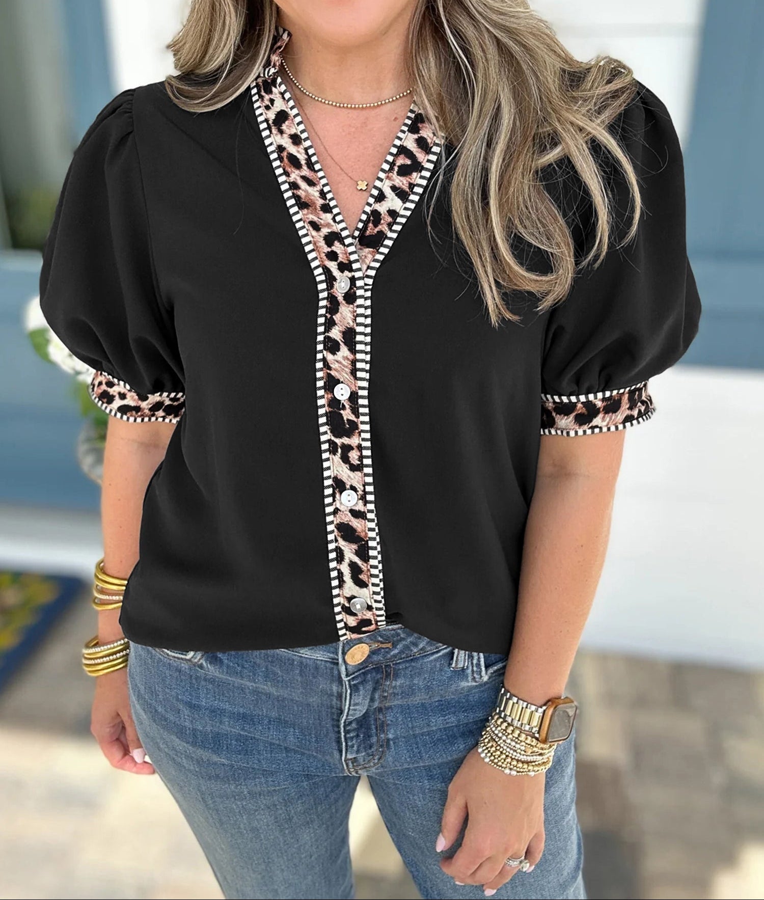 Black V Neck Short Puff Sleeve Contrast Striped Leopard Trim Button Down Shirt