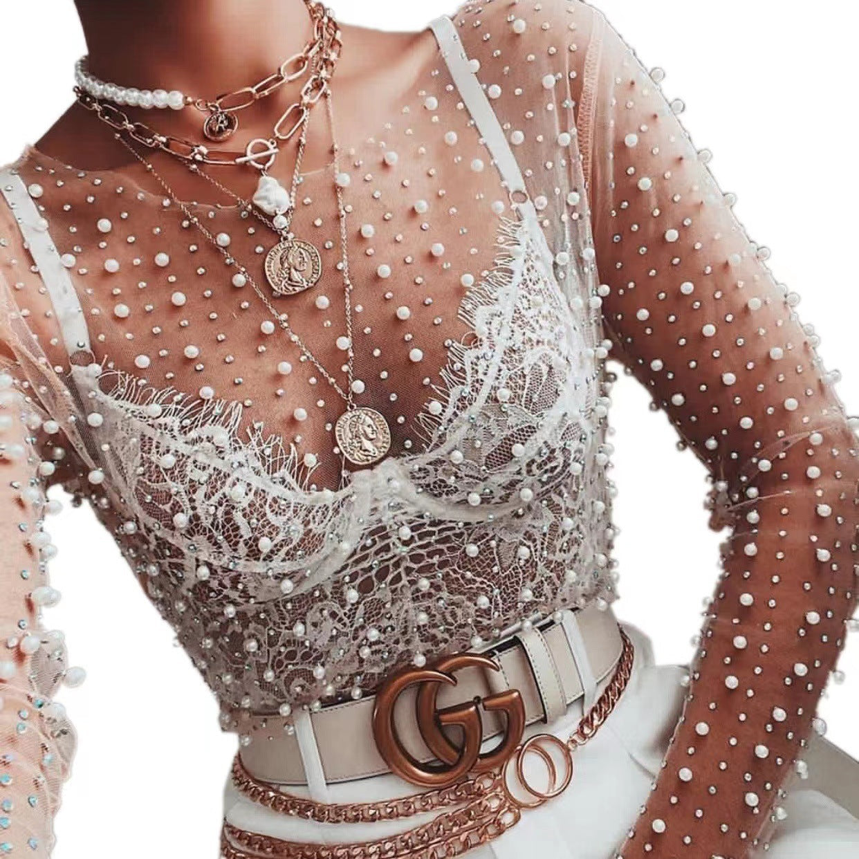 Rhinestone & Pearl Mesh Top | Elegant Embellished Round Neck Blouse