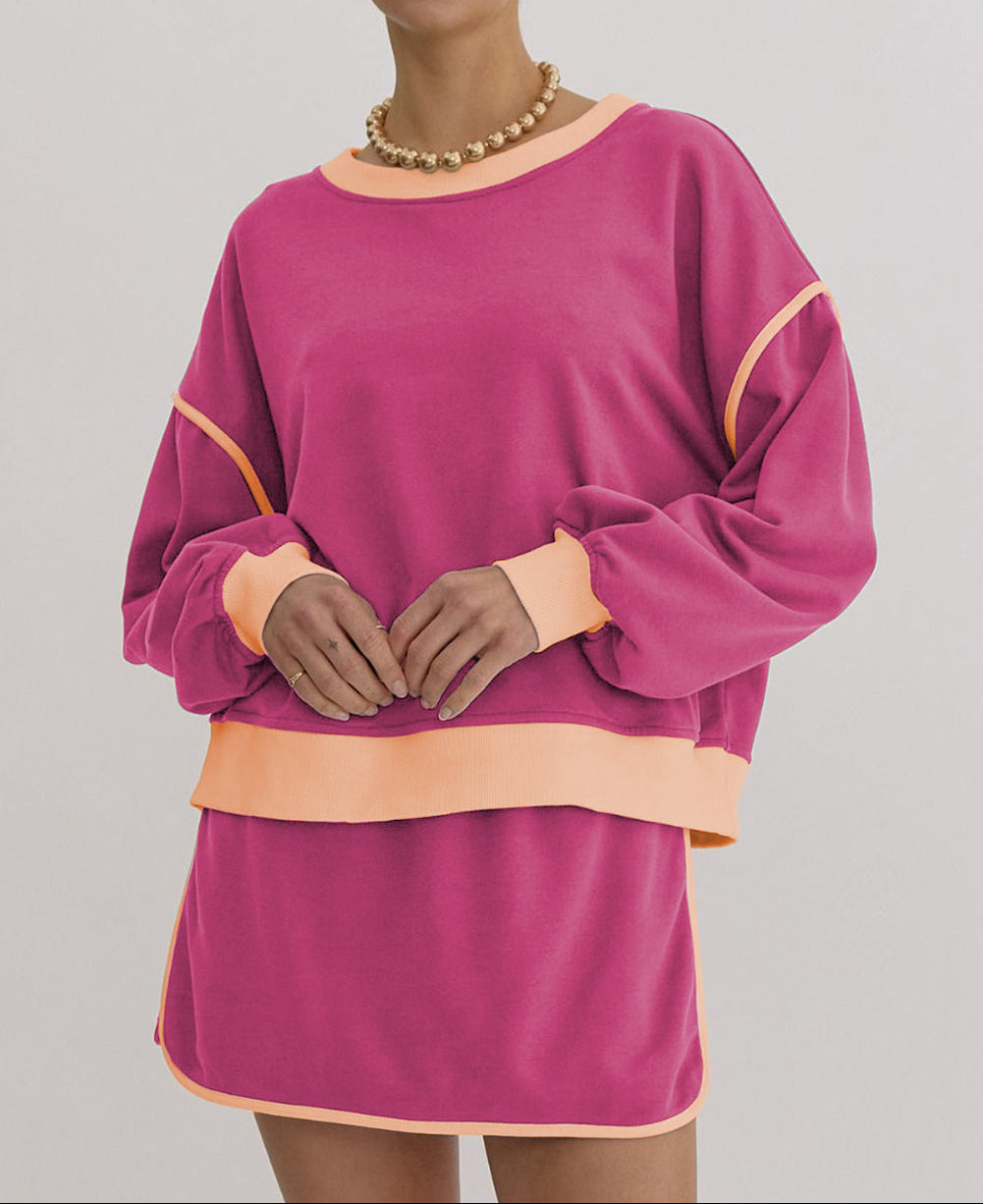 Rose Red Color Contrast Loose Pullover and Lace-up Waist Skort Set