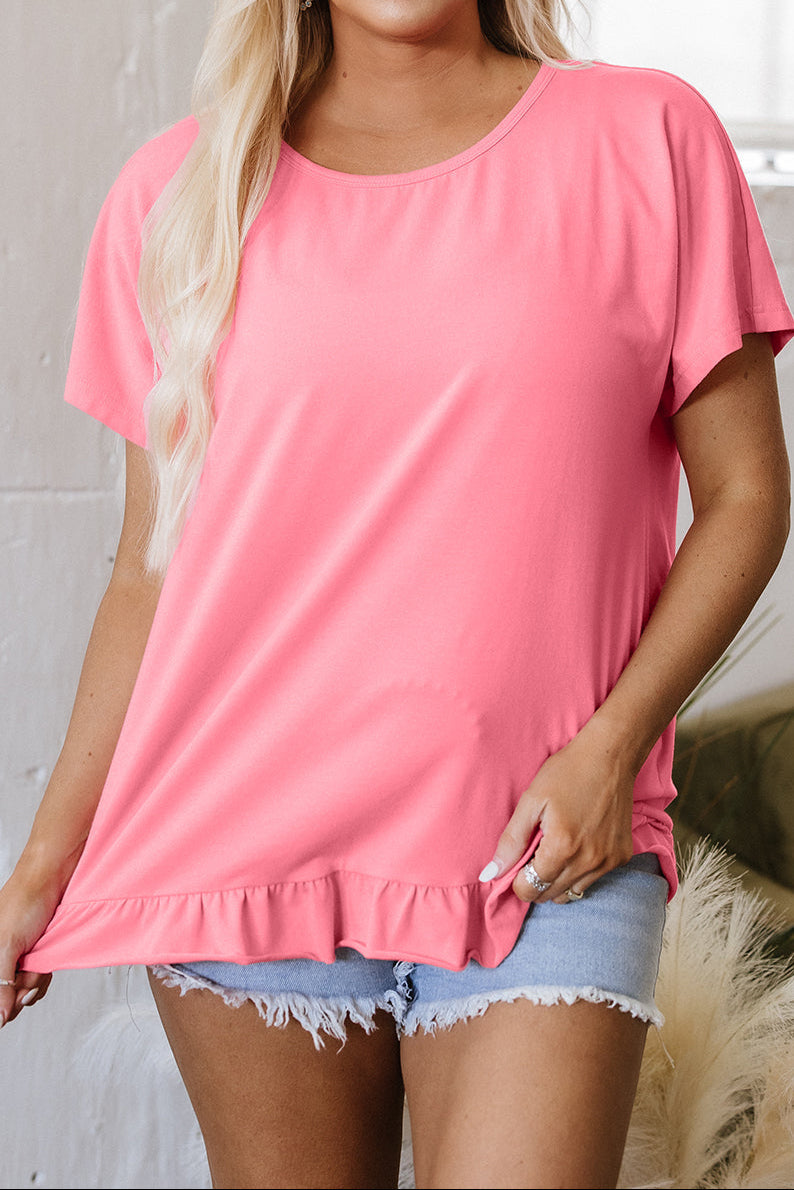 Pink Frilled Hem Loose T-Shirt