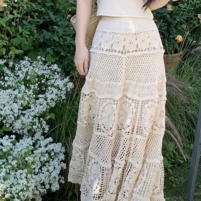 Lace Crochet Hollow A-Line Skirt | Gentle Cotton Boutique Skirt