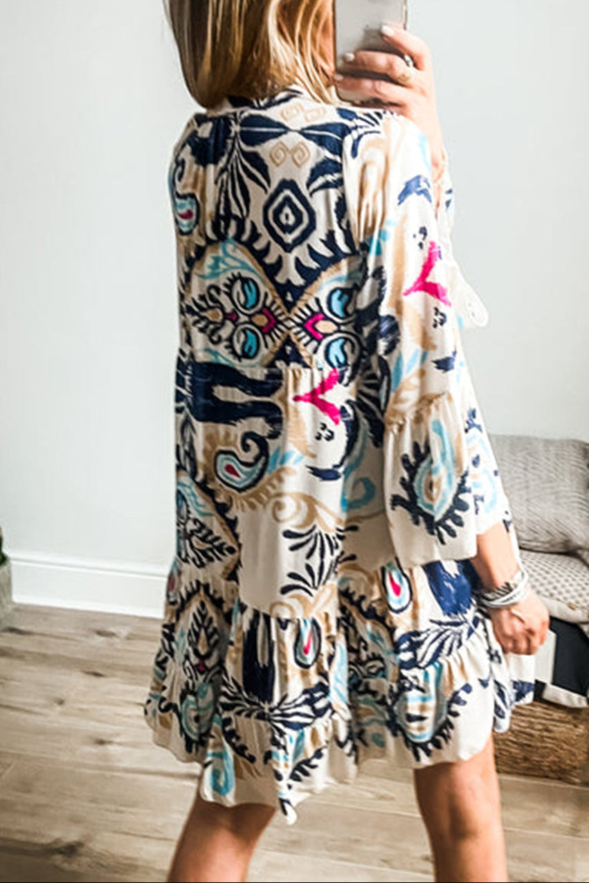White Printed Tribal Bracelet Sleeve Buttoned Mini Dress