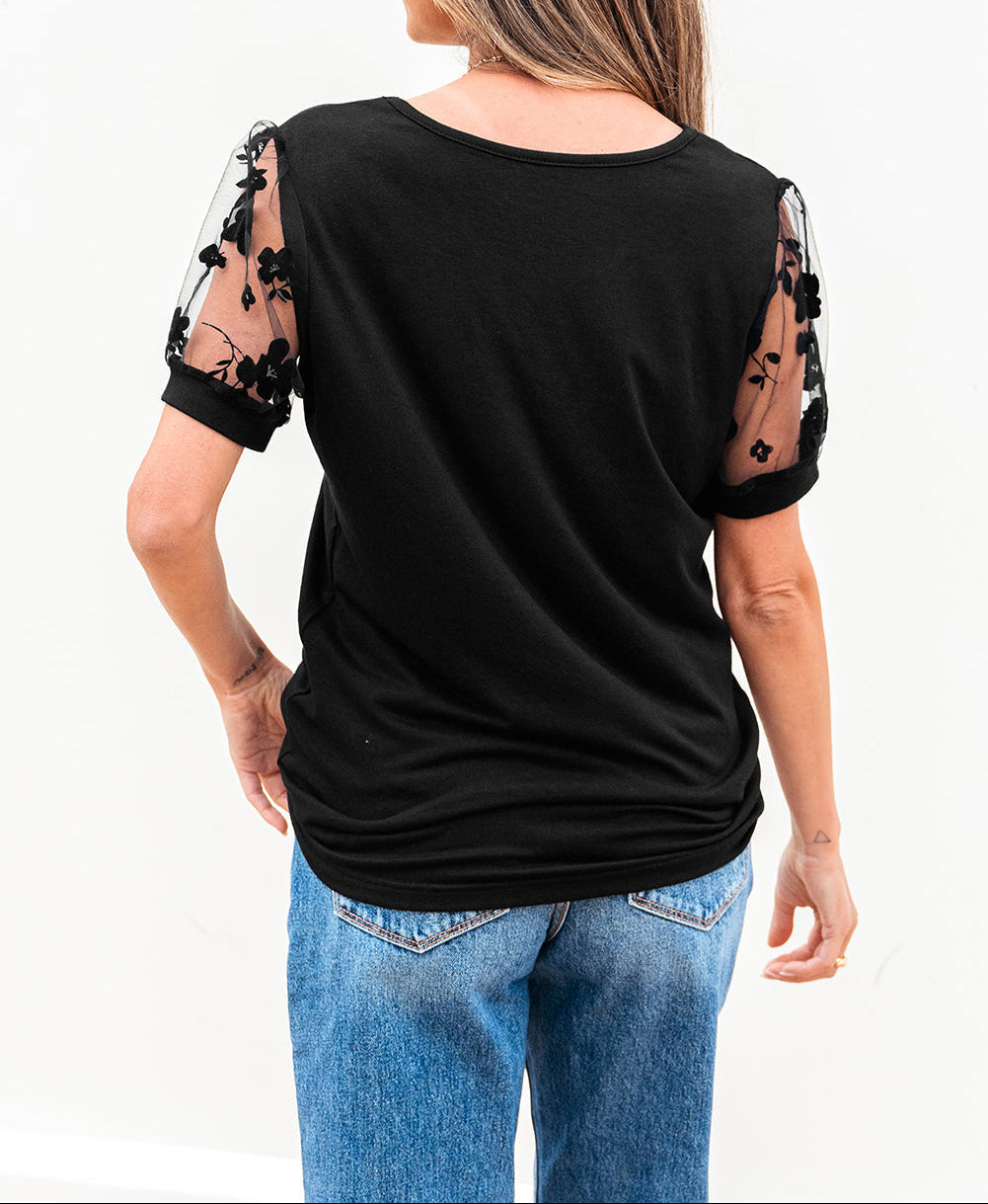 Black Flora Lace Patchwork Crew Neck T Shirt