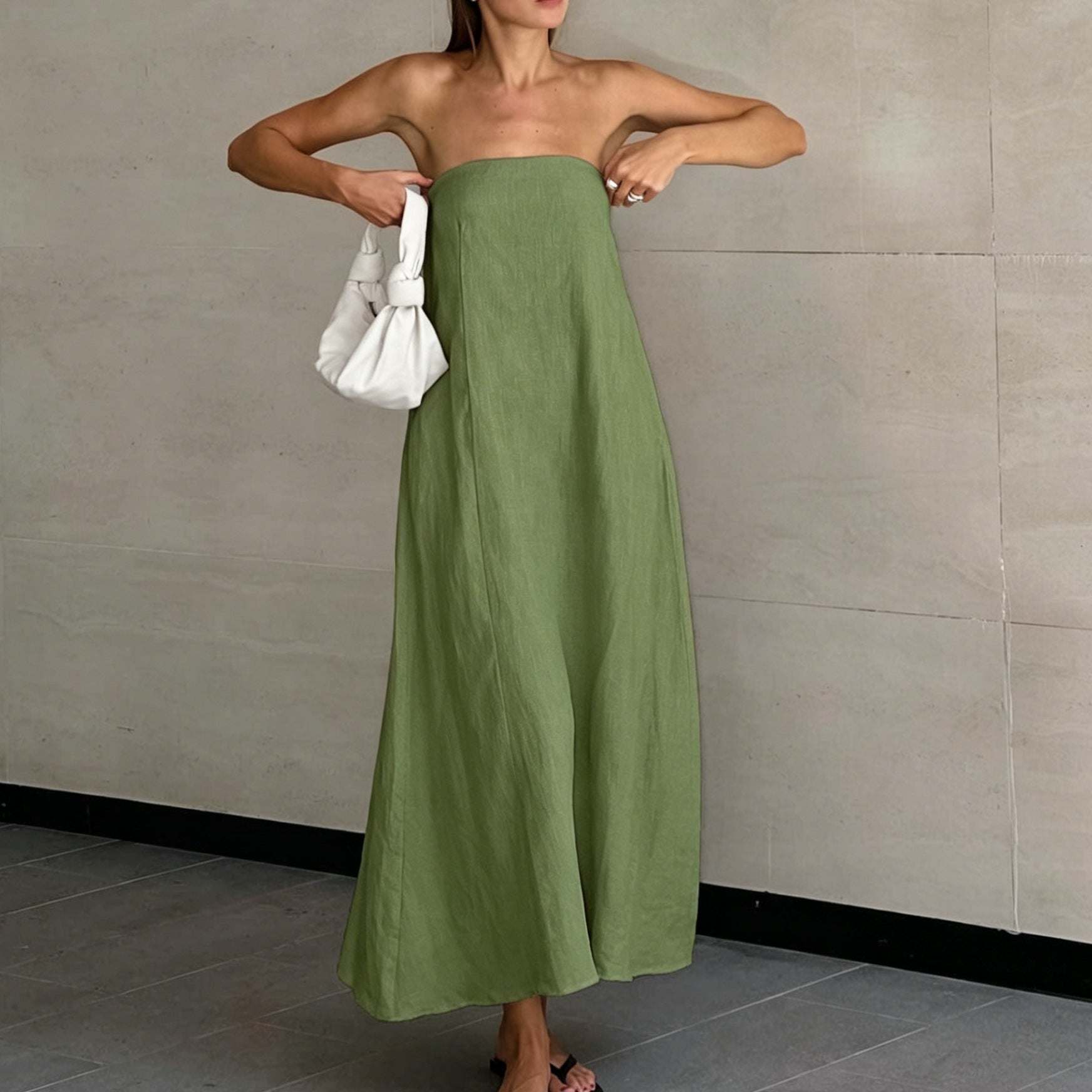 French Khaki Strapless Backless Maxi Dress | Cotton Linen Resort Dress