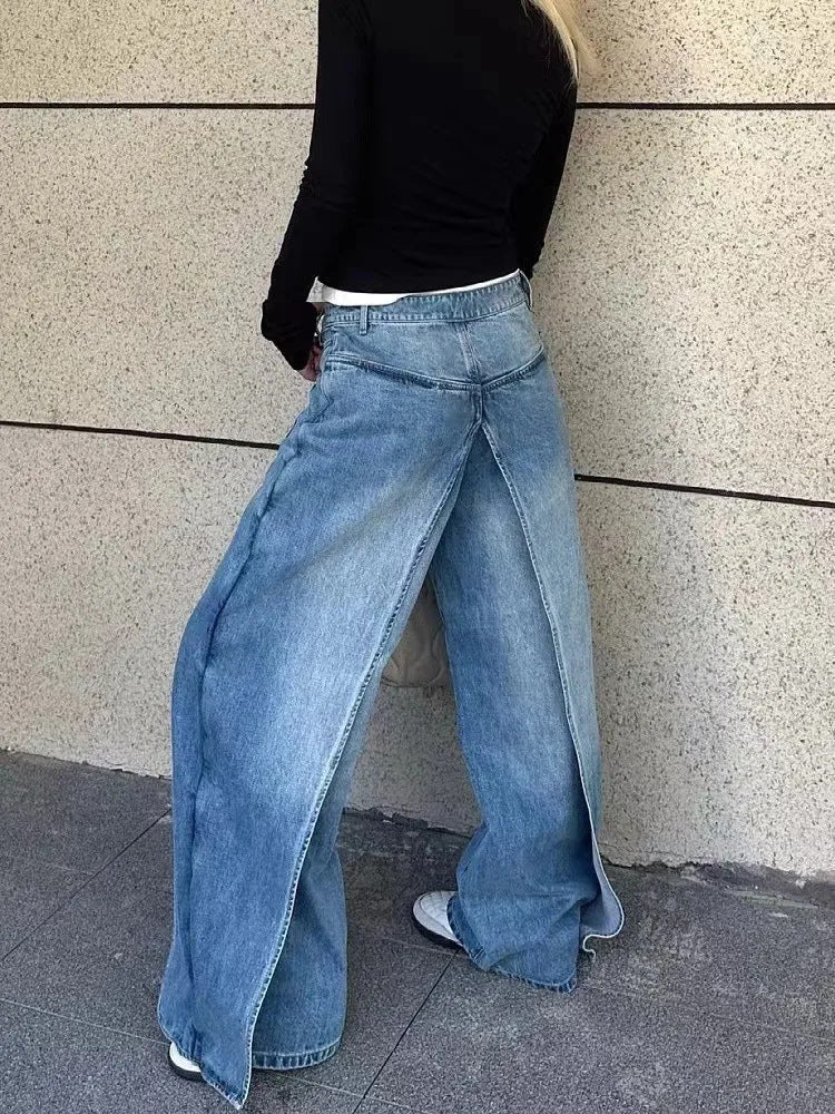 Reversible Wide-Leg Denim Pants | Patchwork Straight-Leg Punk Jeans