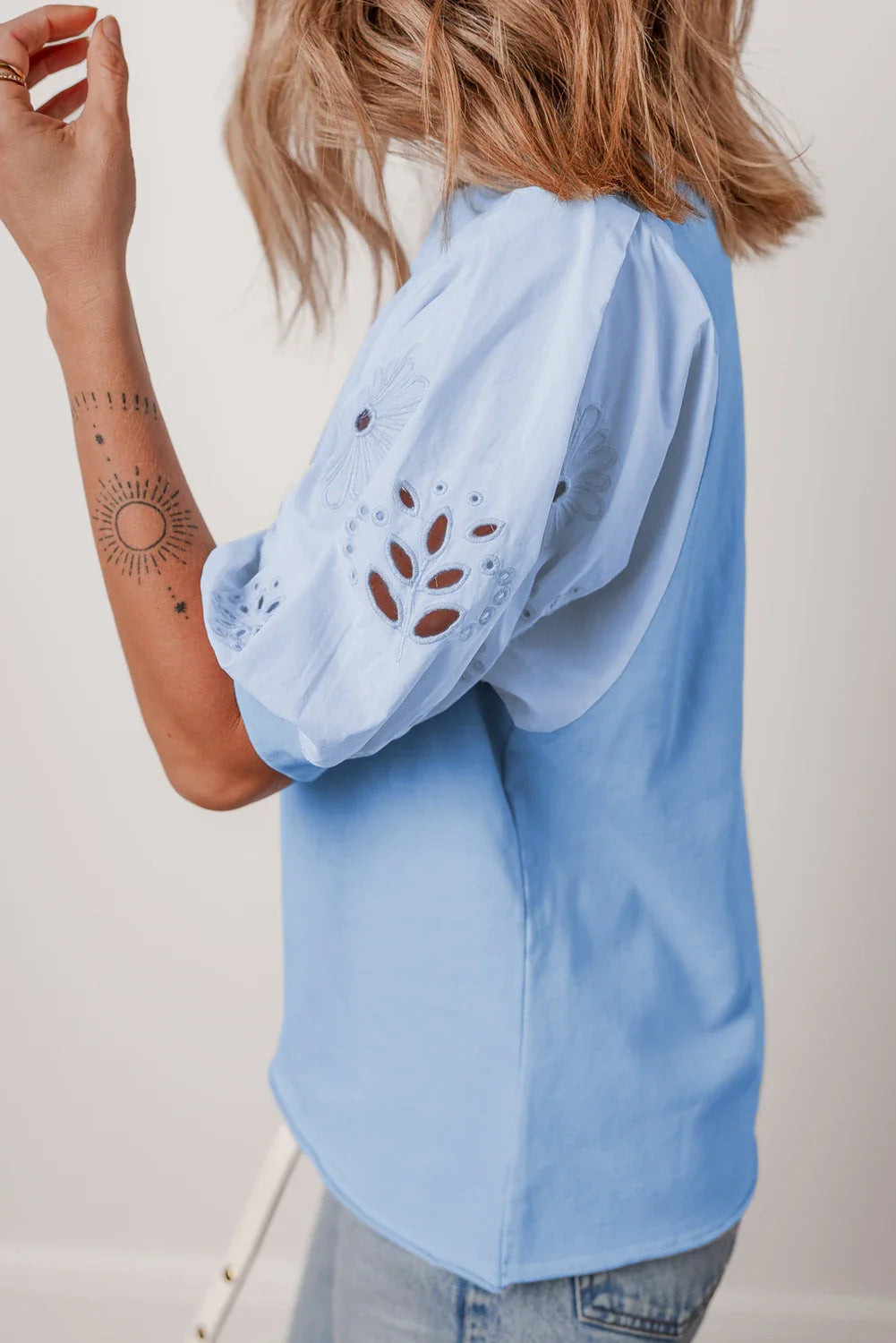 Beau Blue Eyelet Flower Embroidered Puff Short Sleeve Patchwork Crew Neck Blouse