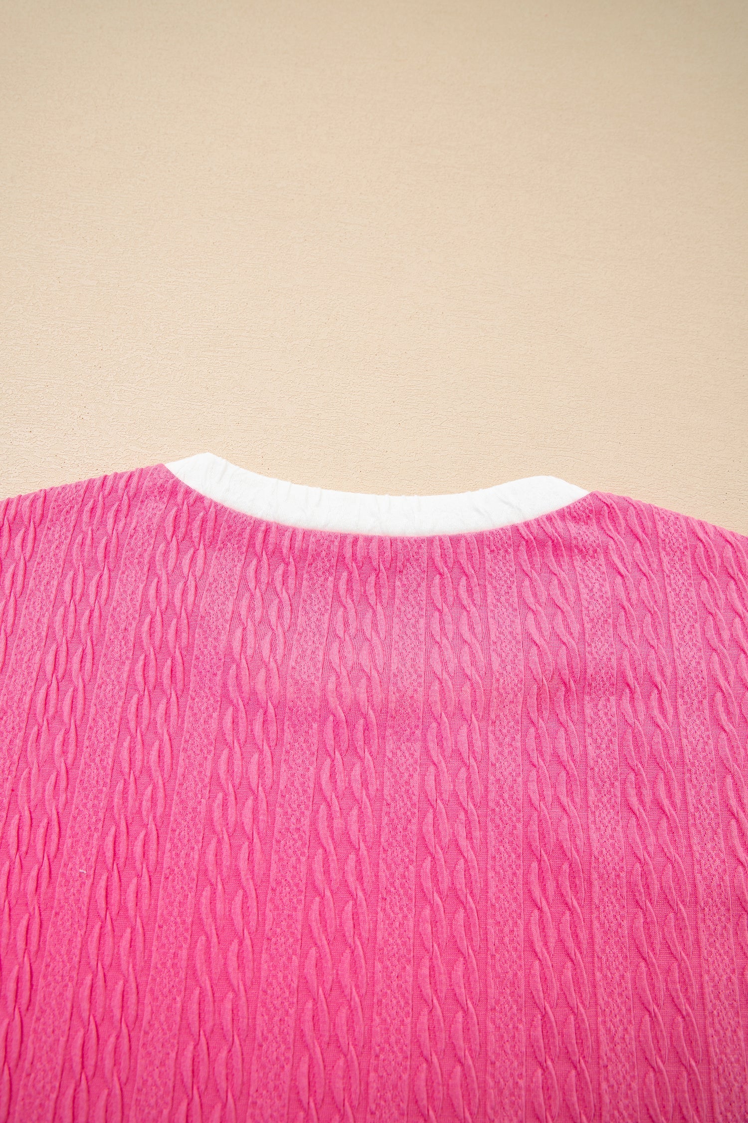 Bright Pink Textured Color Block Trim Loose Tee Drawstring Shorts 2pcs Set