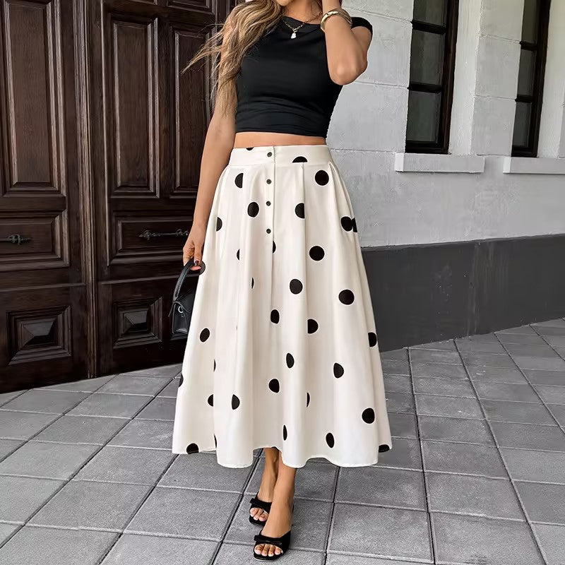 White Polka Dot Elastic Waist A-Line Skirt | Retro Elegant Boutique Skirt