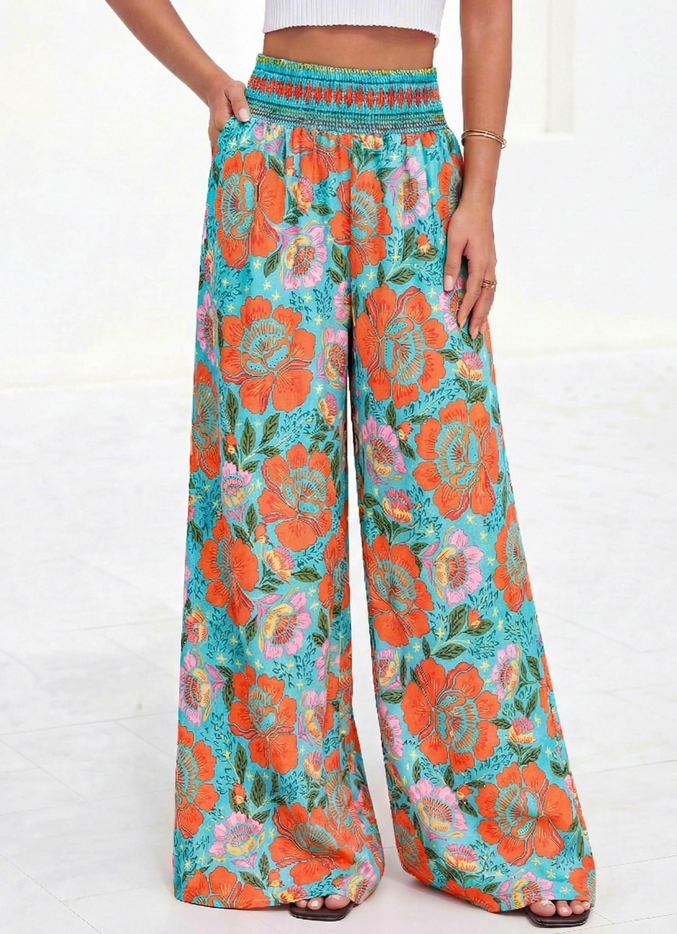 Printed High-Waist Wide-Leg Pants | Casual Comfortable Travel Trousers