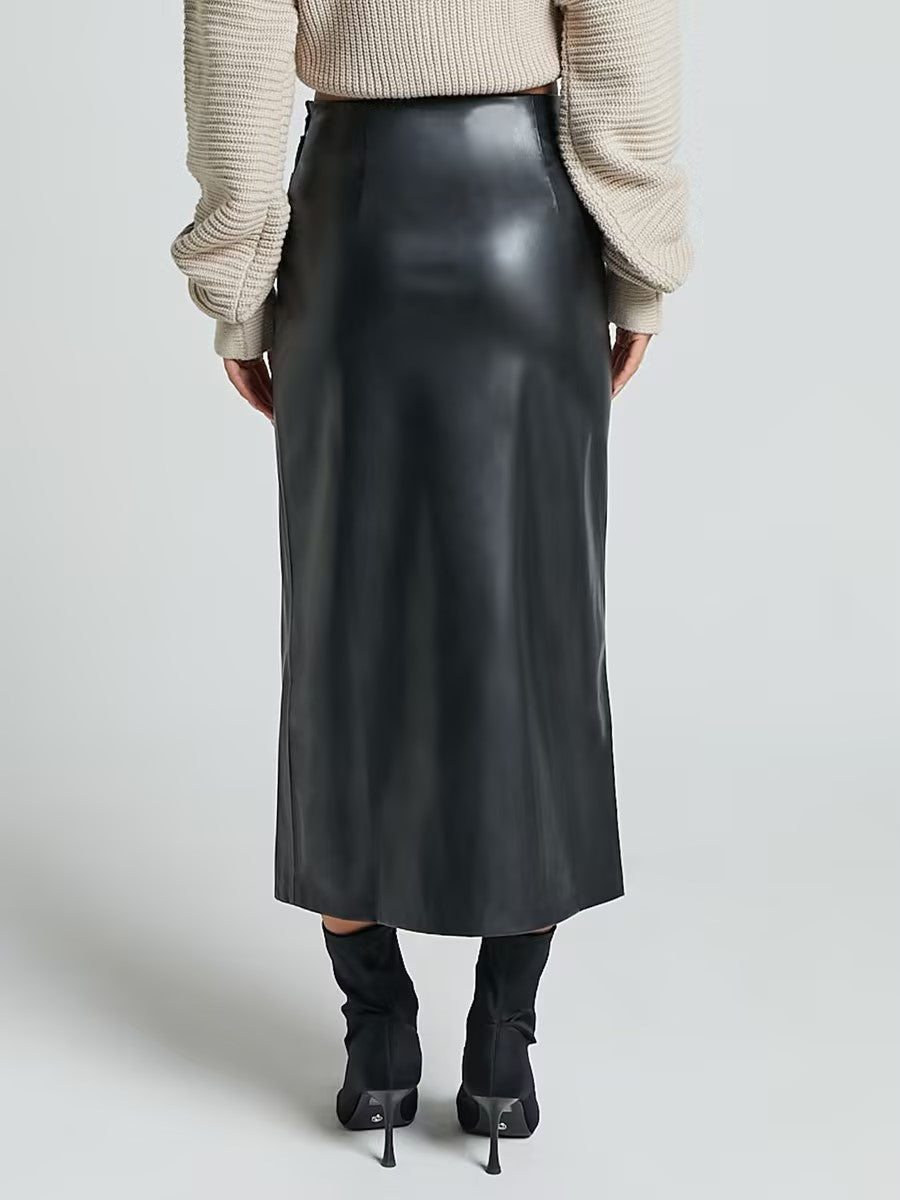 PU-Look High-Waist Slit Bodycon Maxi Skirt | Zipper Boutique Long Skirt