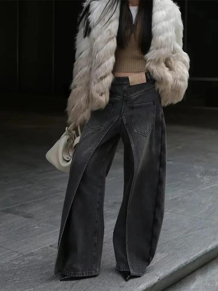 Reversible Wide-Leg Denim Pants | Patchwork Straight-Leg Punk Jeans