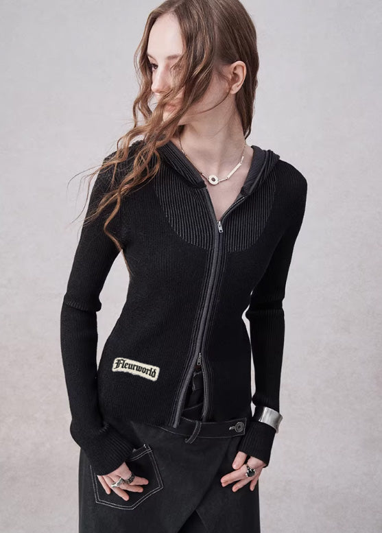 Hooded Layered-Effect Slim Knit Cardigan