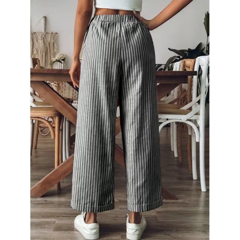 Striped Wide Leg Cropped Pants | Casual Elastic Waist Trousers