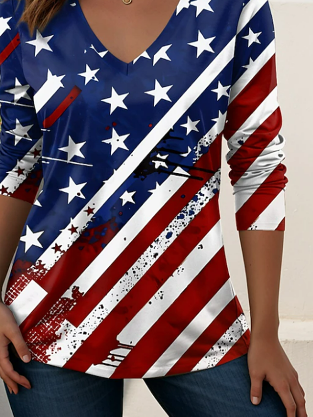 Women's USA 250th Anniversary Long Sleeve T-shirt Spring/Fall As Picture America Flag Printing V Neck Holiday Going Out Casual Top