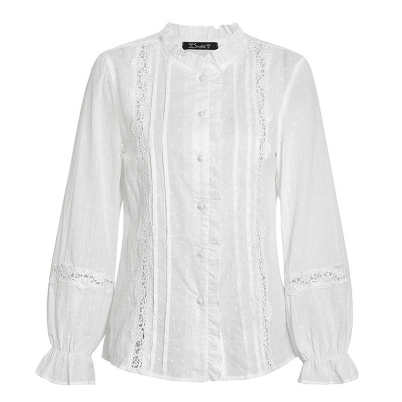 Slim-Fit Lace Patchwork Long Sleeve Shirt | Cotton Bell Sleeve Blouse