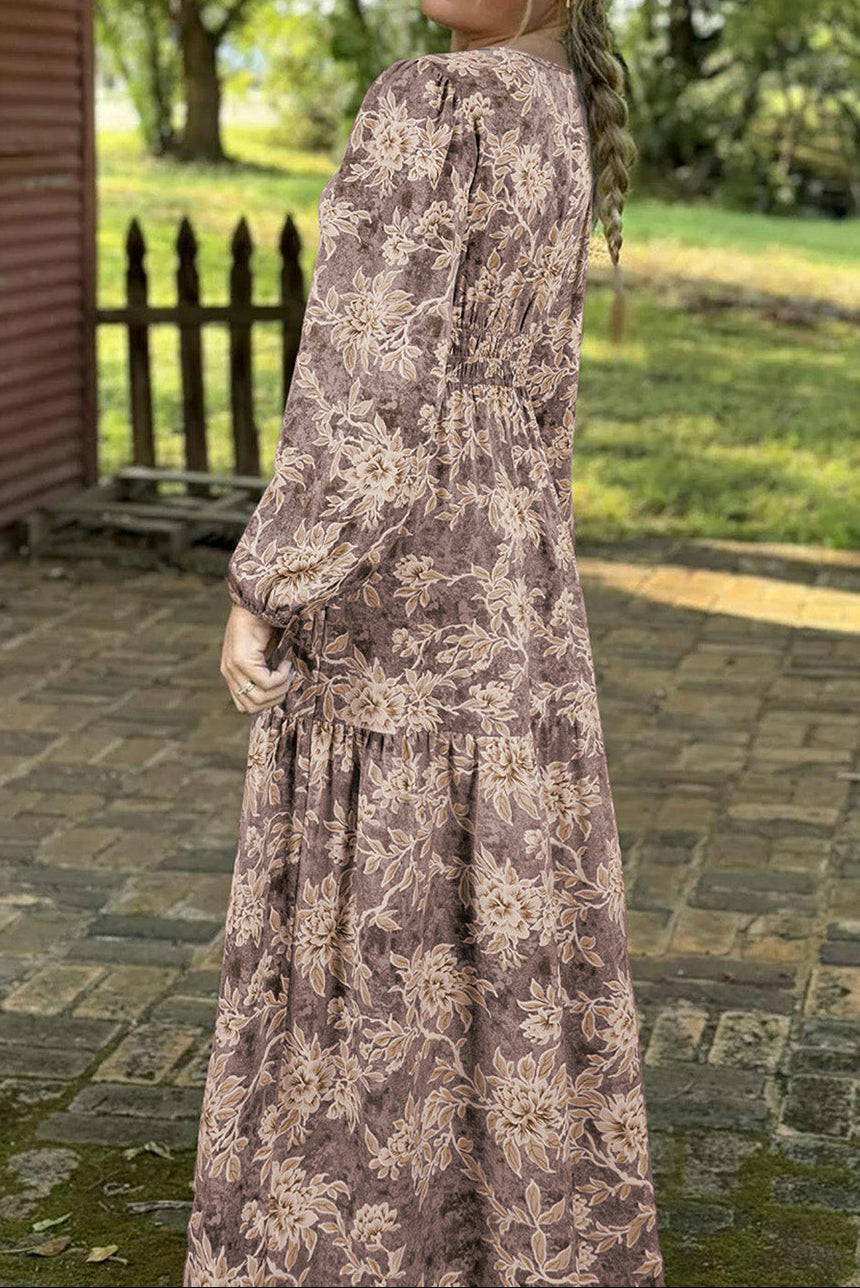 Brown Floral Print Smocked High Waist Long Sleeve Maxi Dress