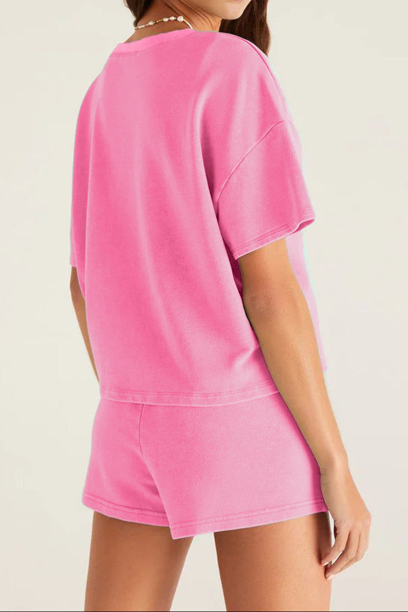 Bonbon V Neck Drop Shoulder Tee and Patchwork Drawstring Elastic Waistband Shorts Set