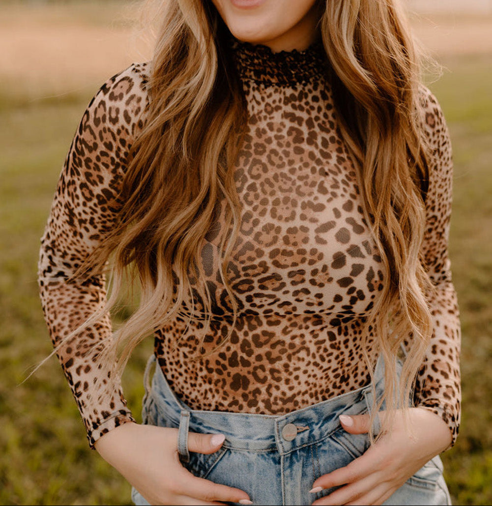 Brown Leopard Smocked Neck Mesh Long Sleeve Bodysuit