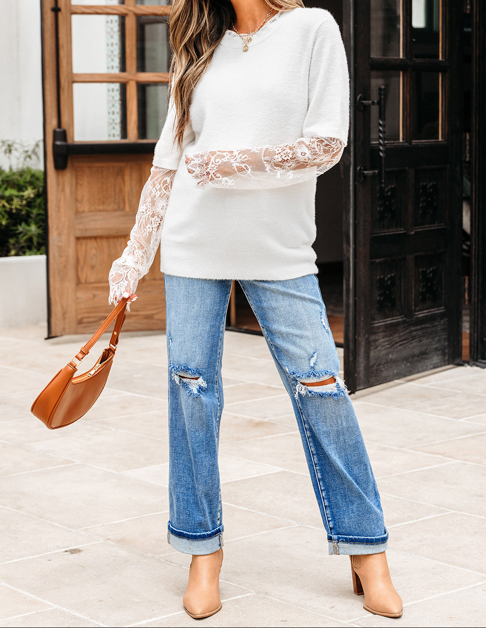 Beige Lace Sleeve Patchwork Faux Two-piece Fuzzy Sweater