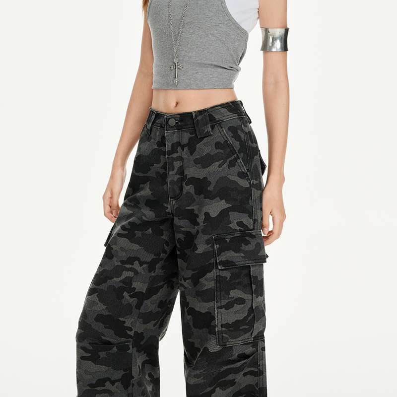 Camouflage Cargo Wide-Leg Denim Pants | Multi-Pocket Utility Trousers