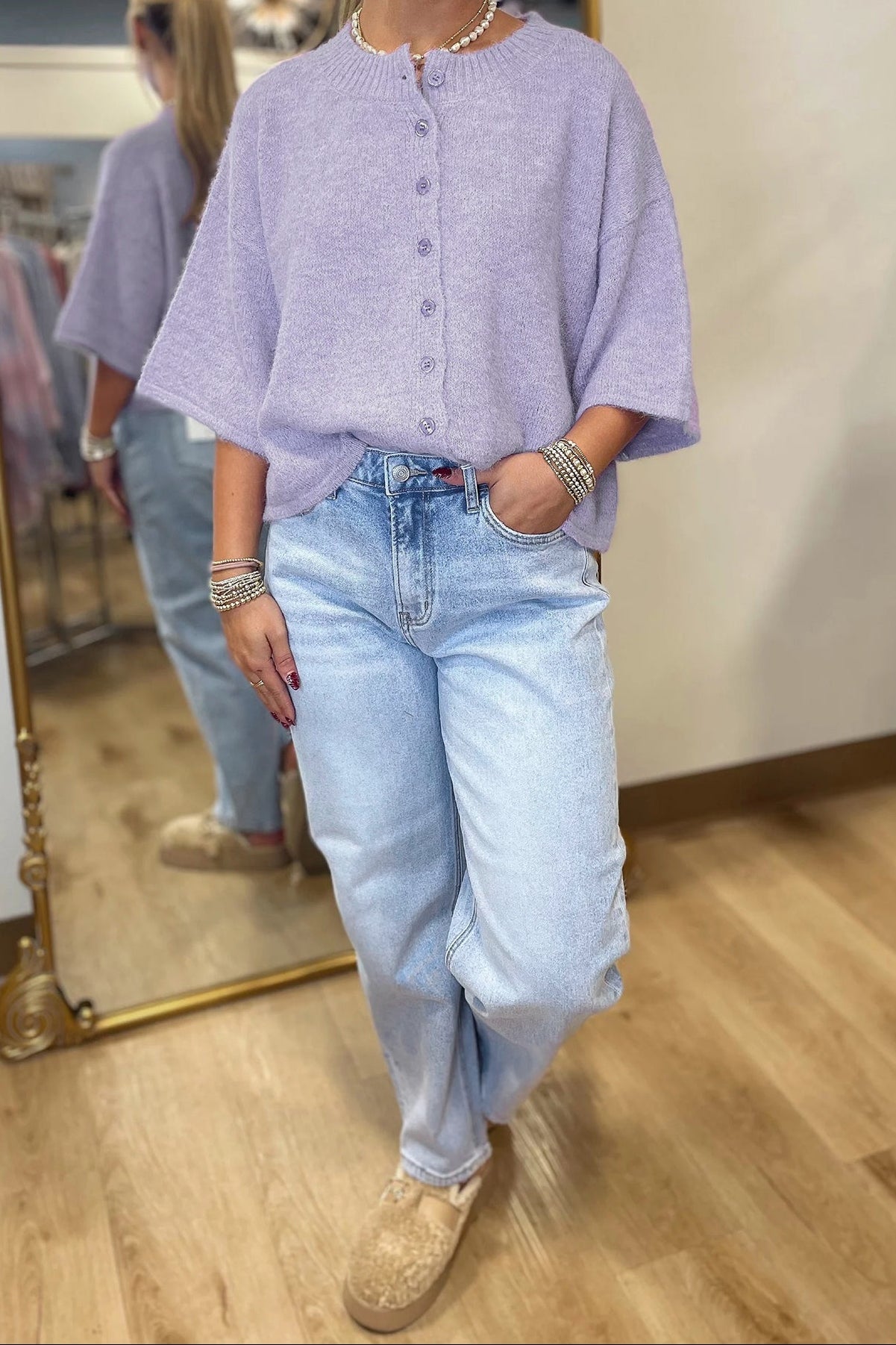 Lavendula 3/4 Sleeve Boxy Knit Button Down Sweater Cardigan