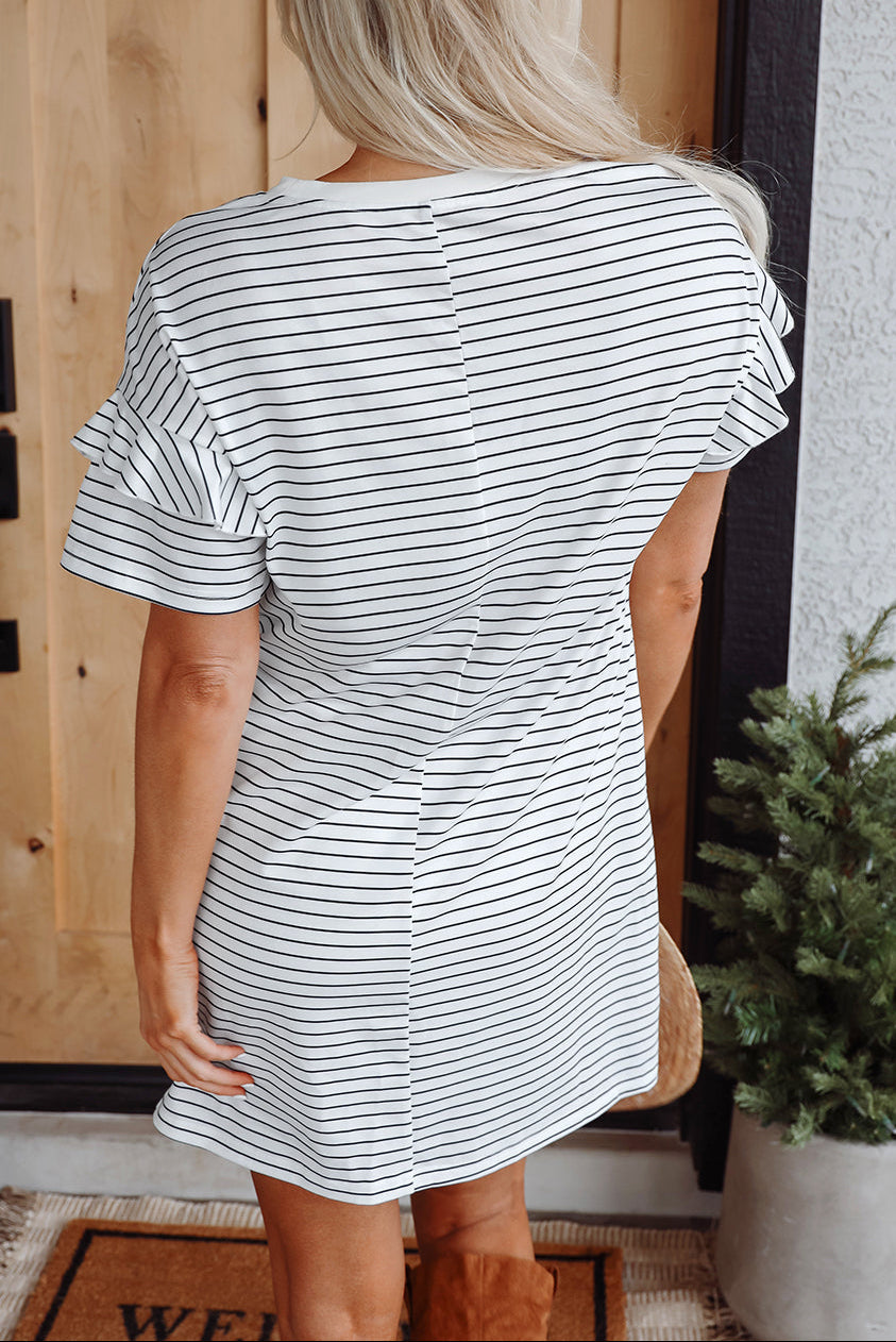 White Stripe Ruffled Short Sleeve Crew Neck T Shirt Shift Mini Dress