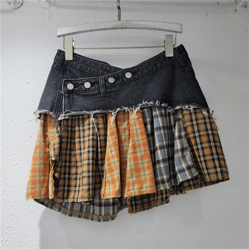 Low-Rise Patchwork Denim Asymmetrical Mini Skirt | American Streetwear Skirt