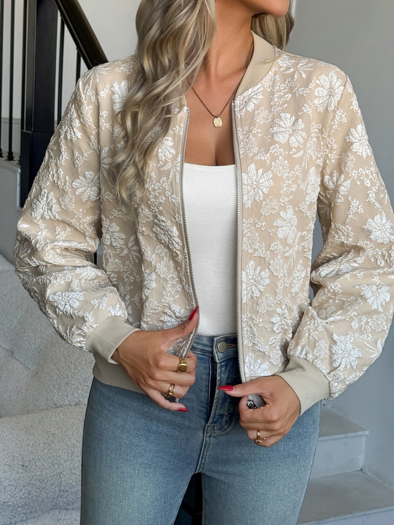 Jacquard Zip-Up Round Neck Loose Jacket | Elegant Casual Commuter Outerwear