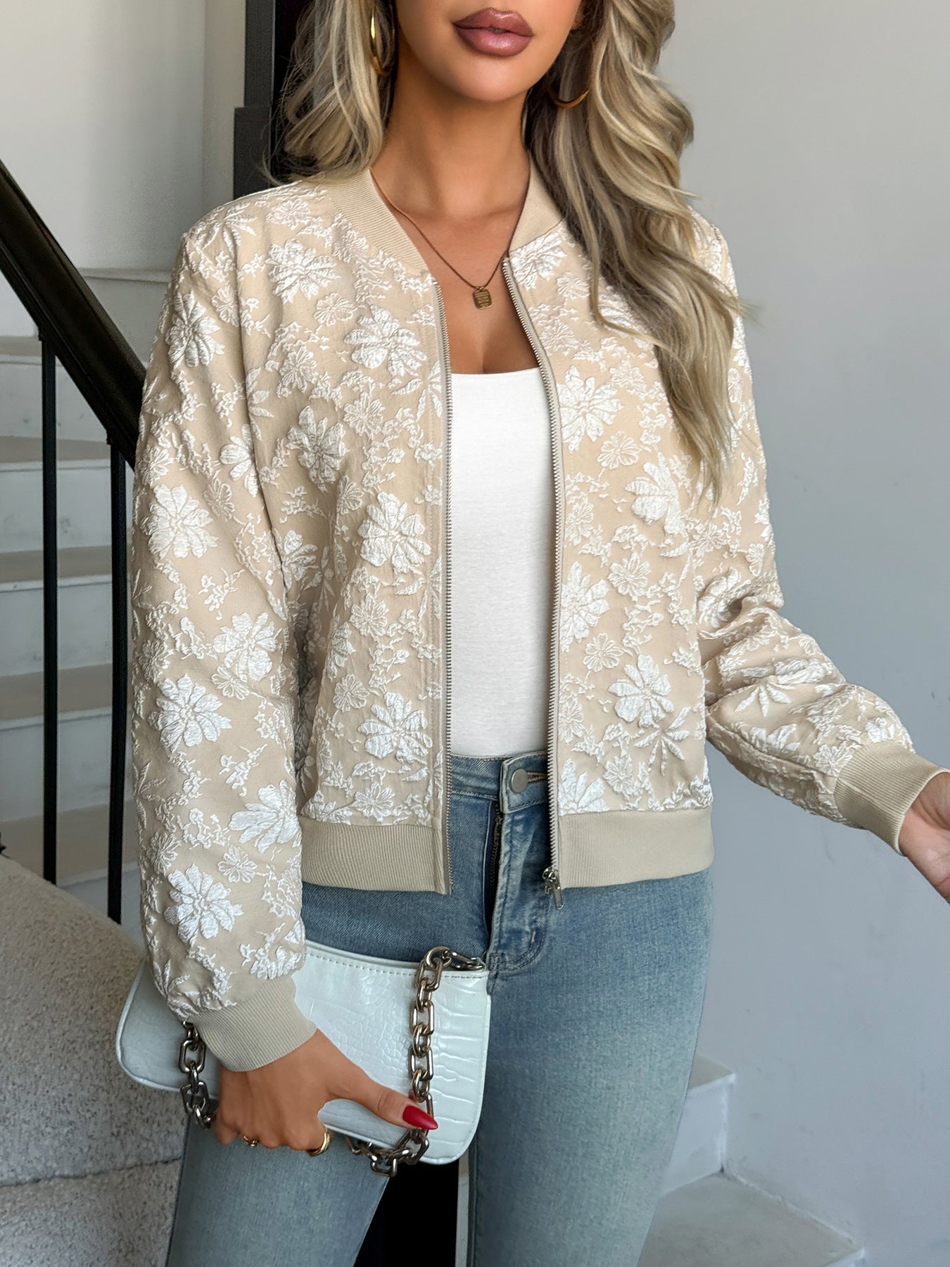 Jacquard Zip-Up Round Neck Loose Jacket | Elegant Casual Commuter Outerwear