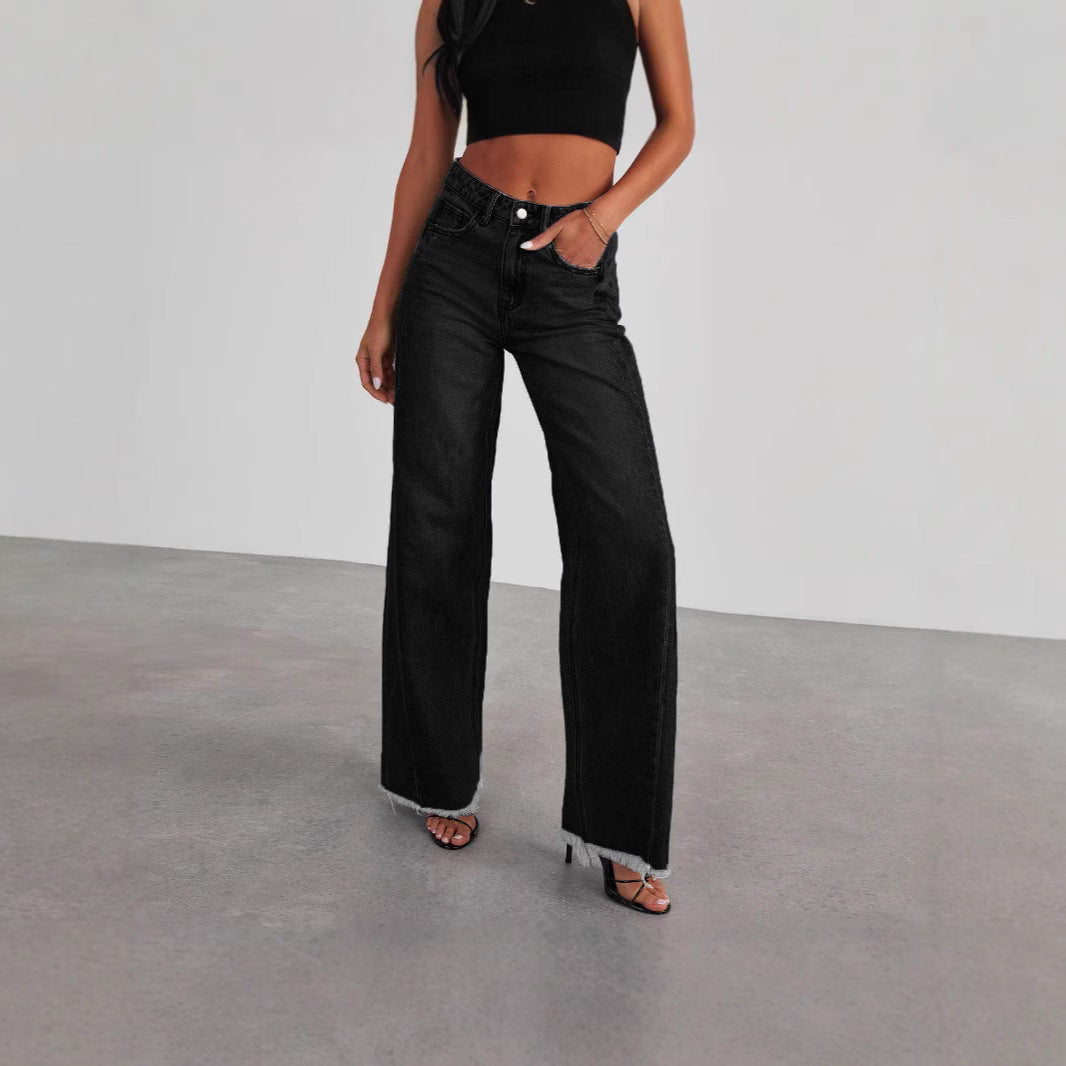 Washed Cotton Wide-Leg Floor-Length Jeans | Loose Fit Casual Denim Pants