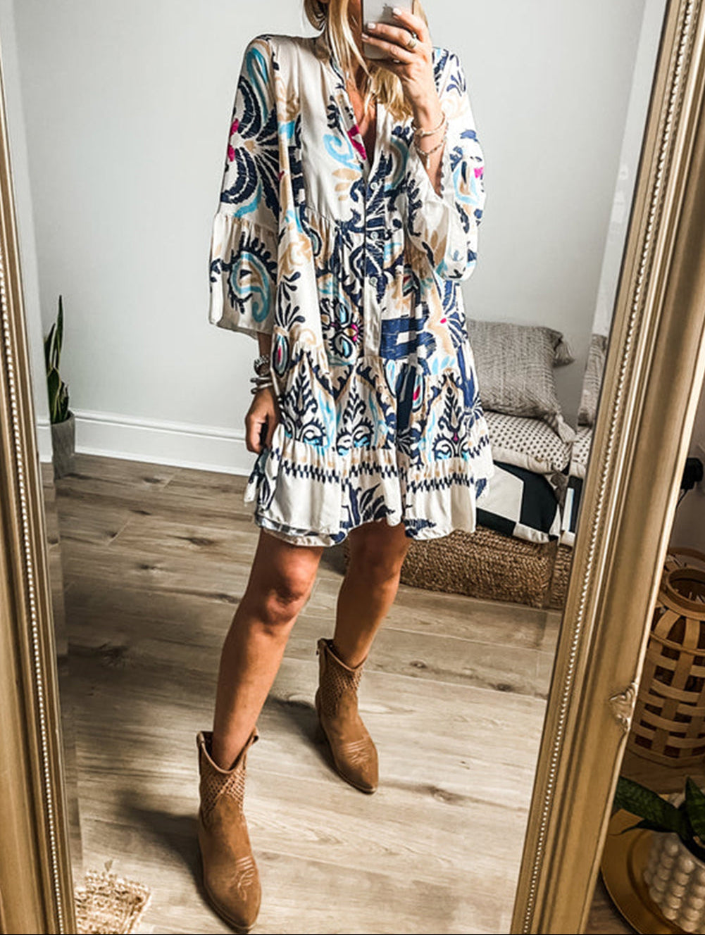 White Printed Tribal Bracelet Sleeve Buttoned Mini Dress