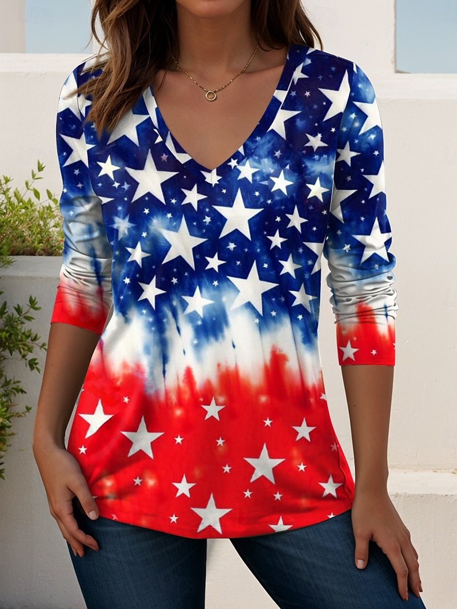 Independence Day Patriotic V-neck Long-sleeved Women's T-shirt