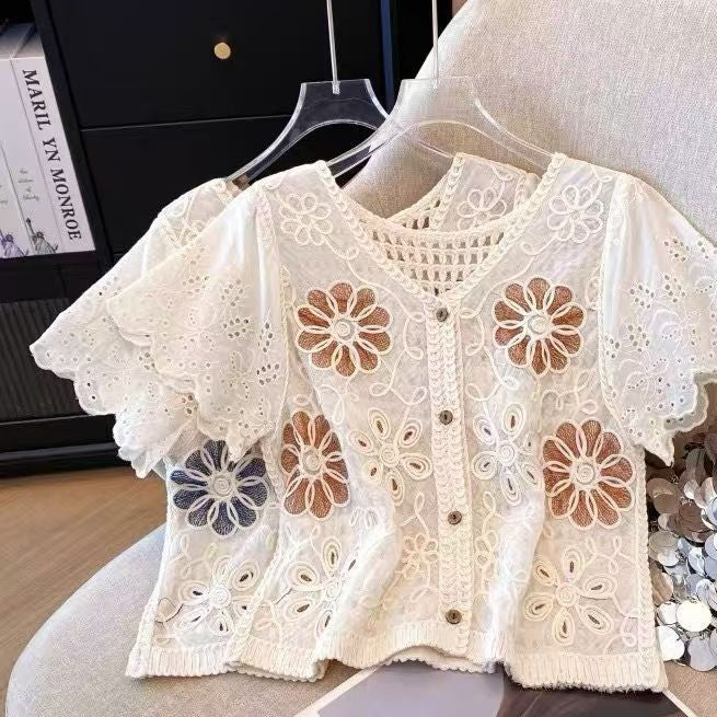 Korean Hollow Jacquard V-Neck Knit Cardigan Top