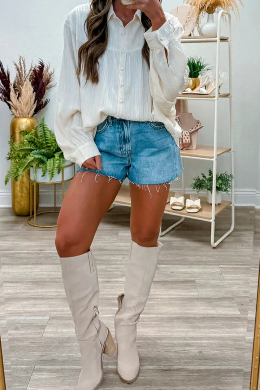 White Crinkled Texture Lantern Sleeve Button Down Loose Shirt
