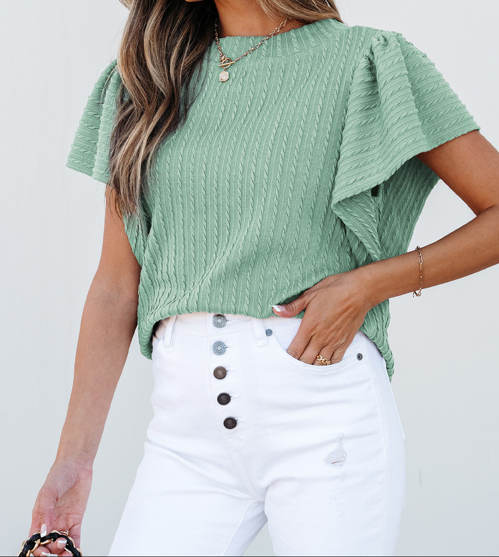 Moonlight Jade Solid Color Textured Flutter Sleeve Top