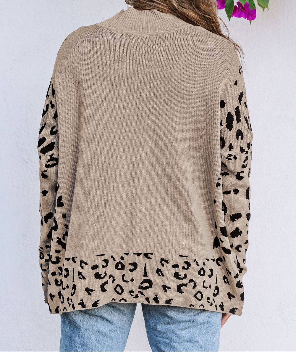 Khaki Leopard High Neck Side Slit Oversized Sweater