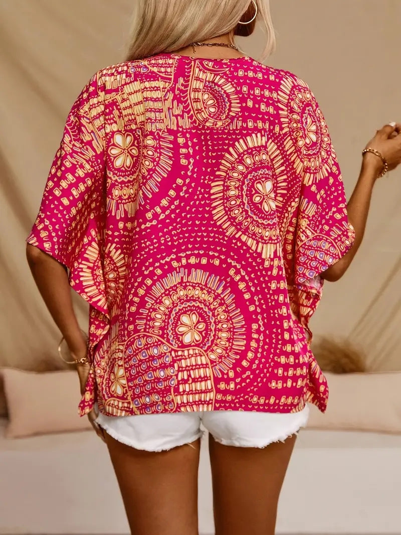 V-Neck Printed Batwing Sleeve Vacation Shirt | Casual Resort Blouse